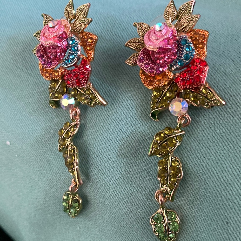 Multicolor Crystal Floral Drop Earrings - Women Jewelry